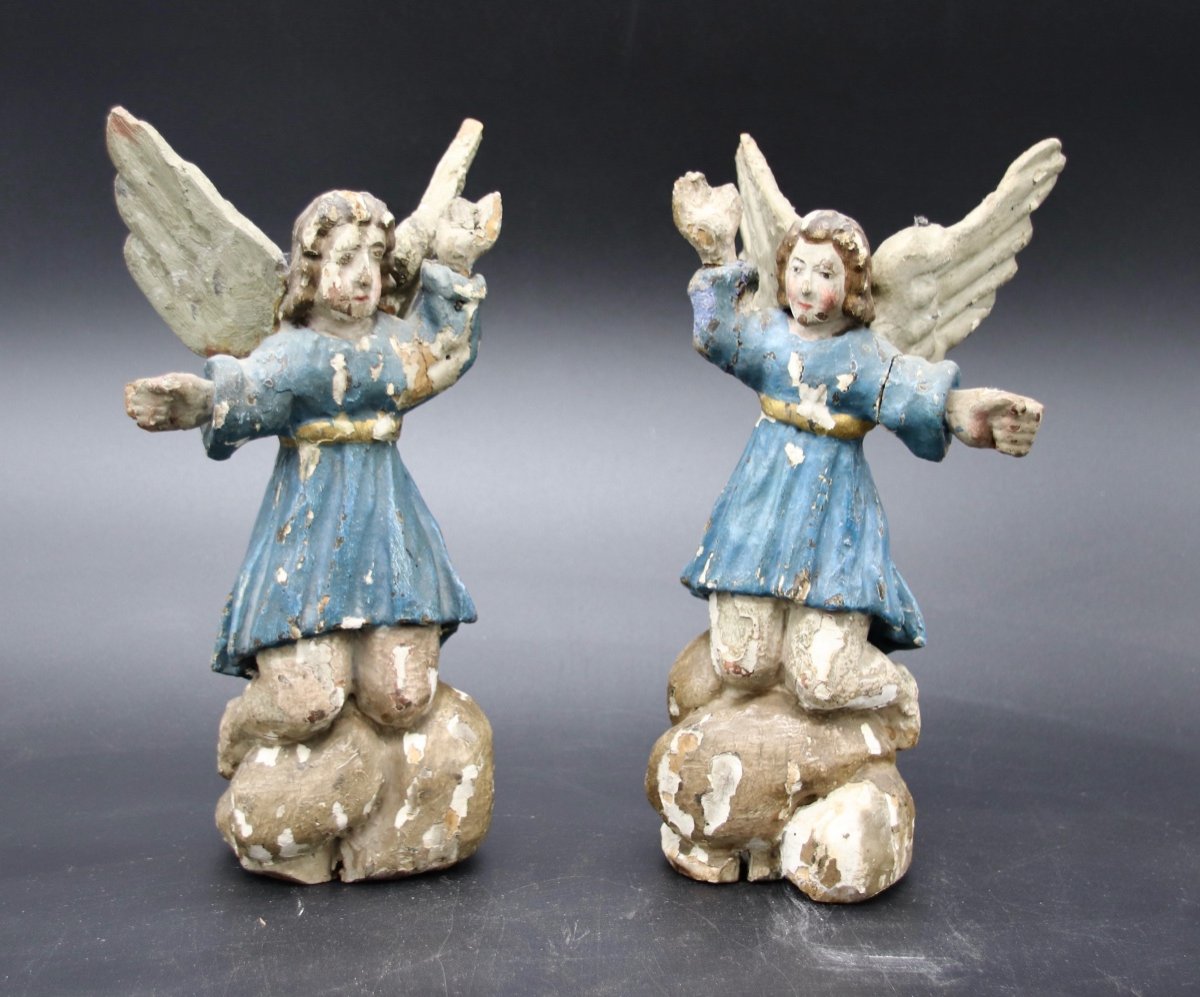 Paire d'Anges XVIIIème En Bois Polychrome 