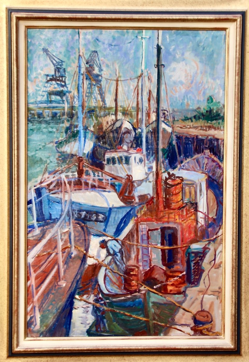 Large 20th Century Painting Fishing Boats In Port-photo-2