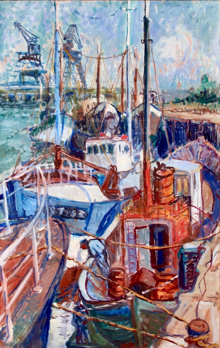Large 20th Century Painting Fishing Boats In Port-photo-1