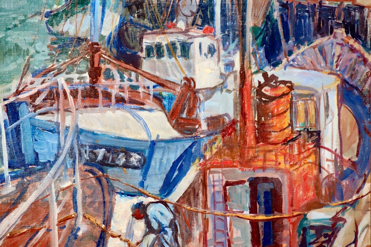 Large 20th Century Painting Fishing Boats In Port-photo-2