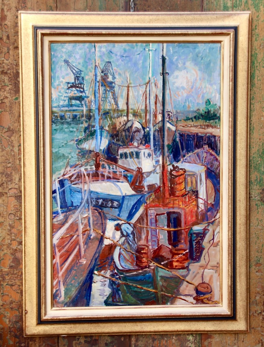 Large 20th Century Painting Fishing Boats In Port-photo-3