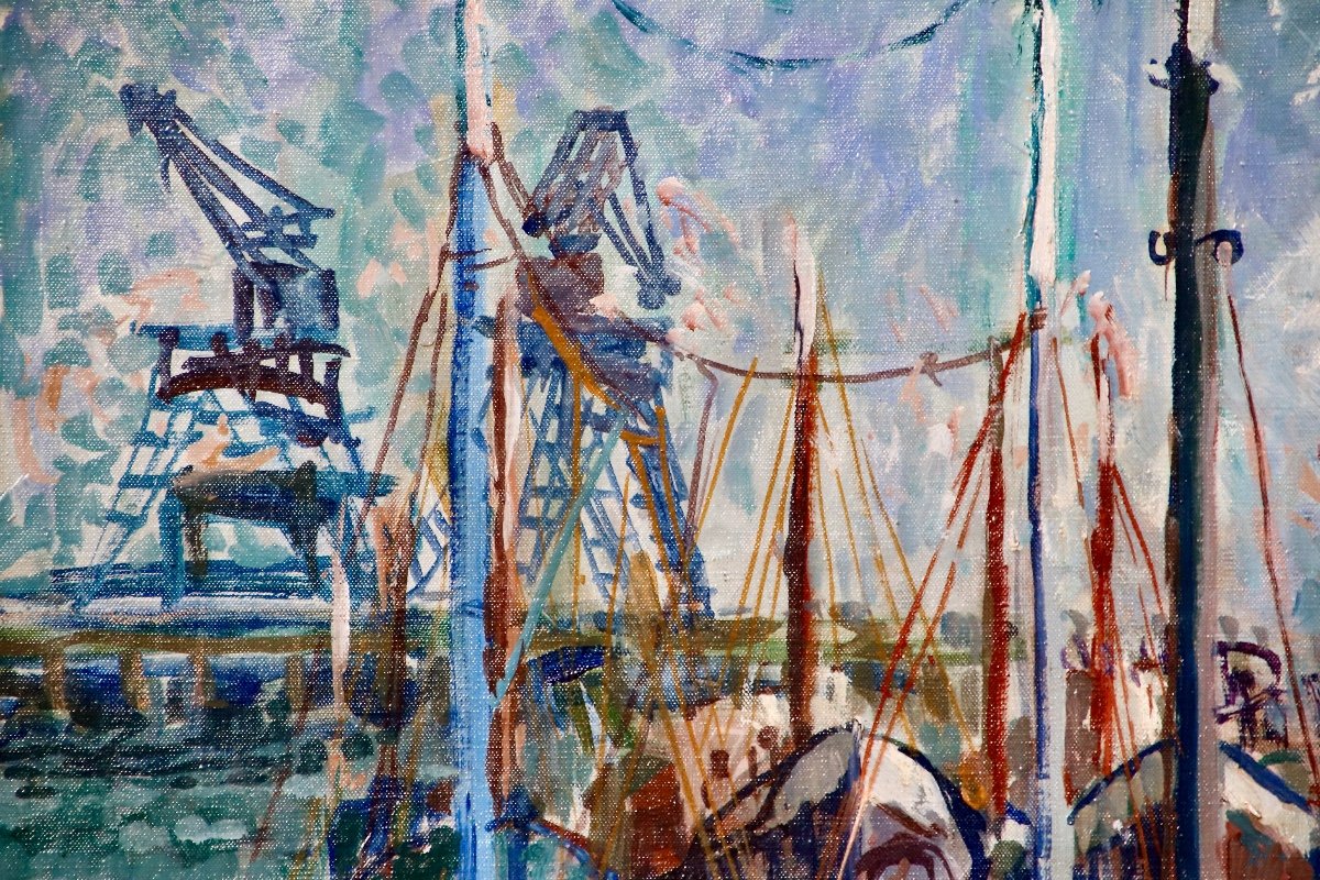 Large 20th Century Painting Fishing Boats In Port-photo-5