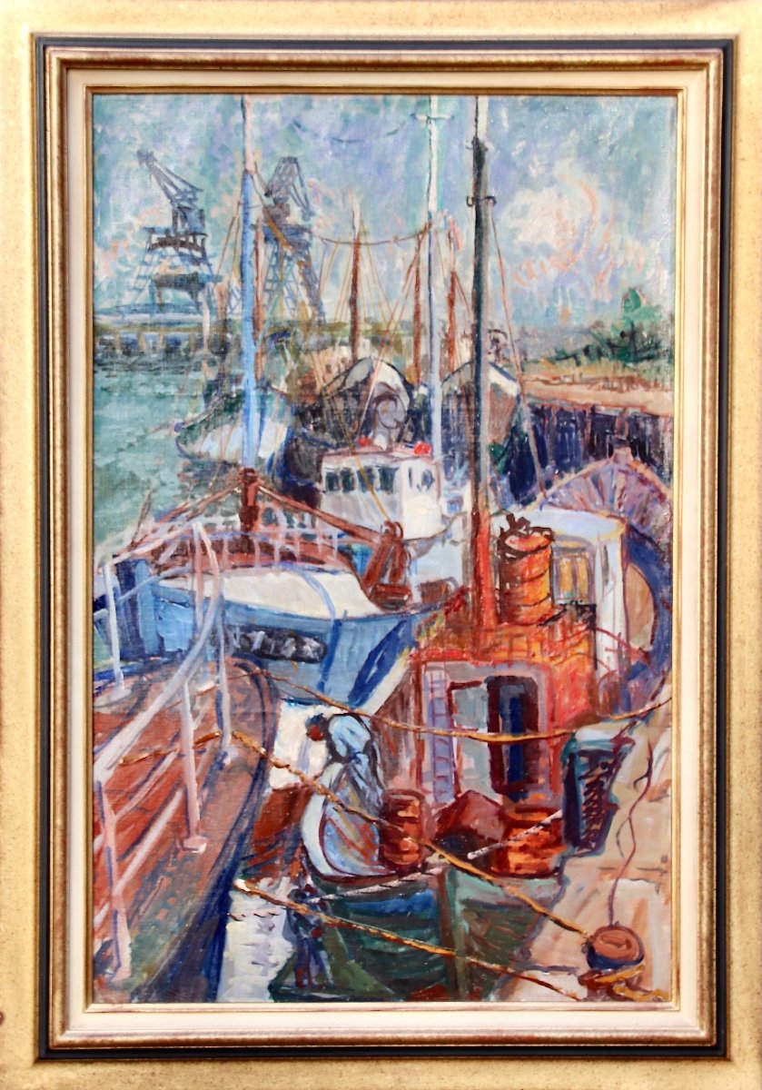 Large 20th Century Painting Fishing Boats In Port-photo-6