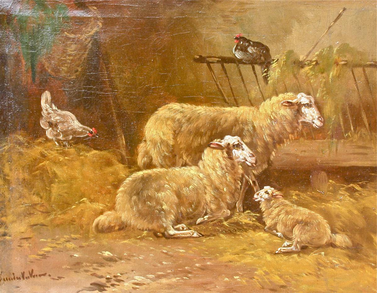 Oil On Canvas "sheep And Hens"-photo-1