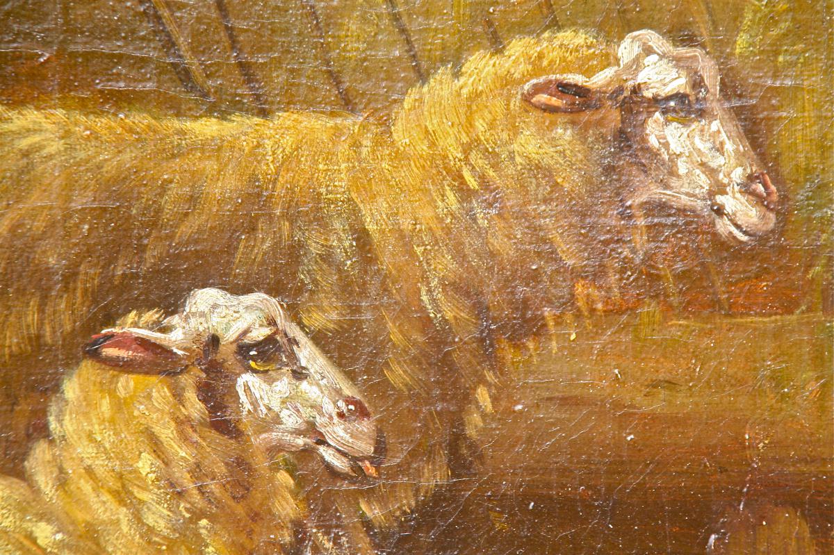 Oil On Canvas "sheep And Hens"-photo-2