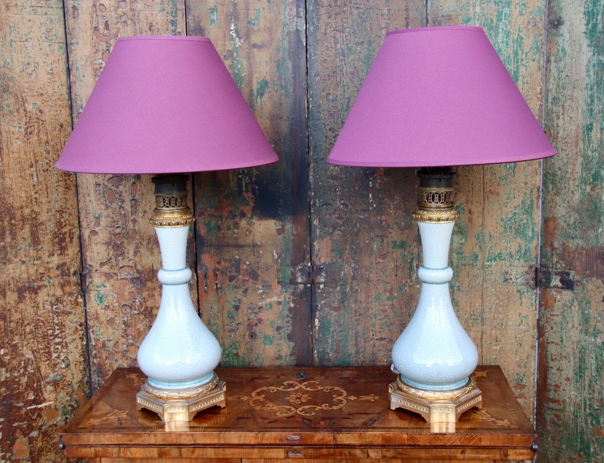 Pair Of Celadon Lamps With 19th Century Gilt Bronze Frames -photo-1