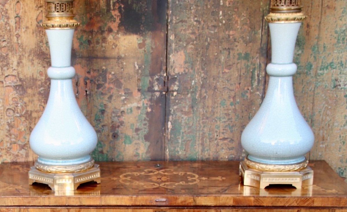 Pair Of Celadon Lamps With 19th Century Gilt Bronze Frames -photo-2
