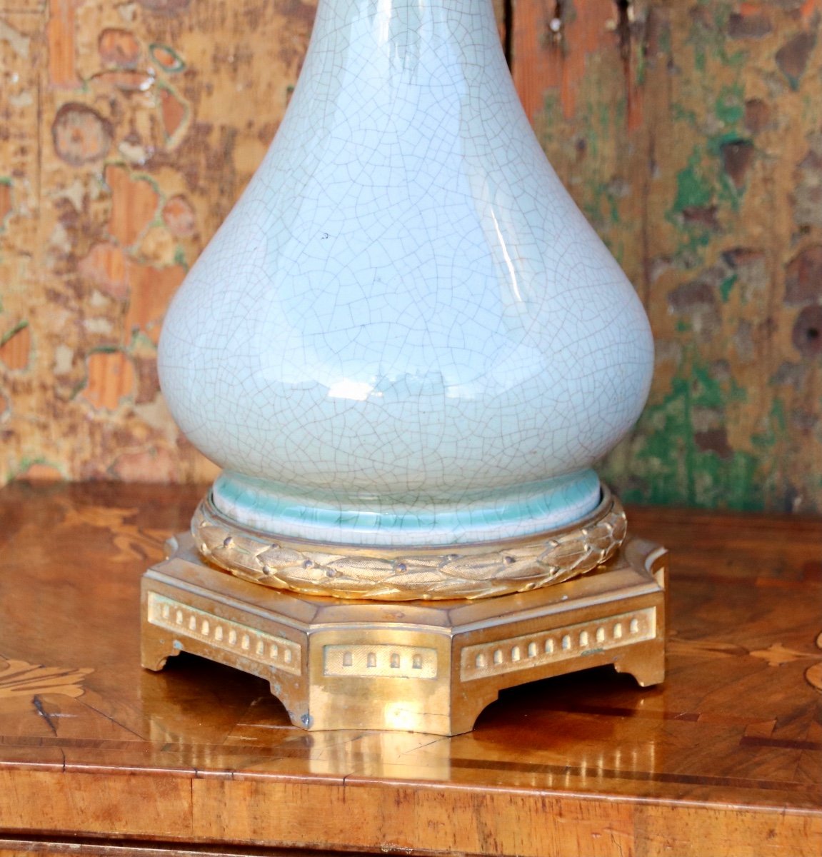 Pair Of Celadon Lamps With 19th Century Gilt Bronze Frames -photo-4