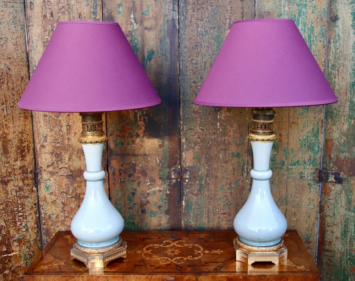 Pair Of Celadon Lamps With 19th Century Gilt Bronze Frames -photo-5
