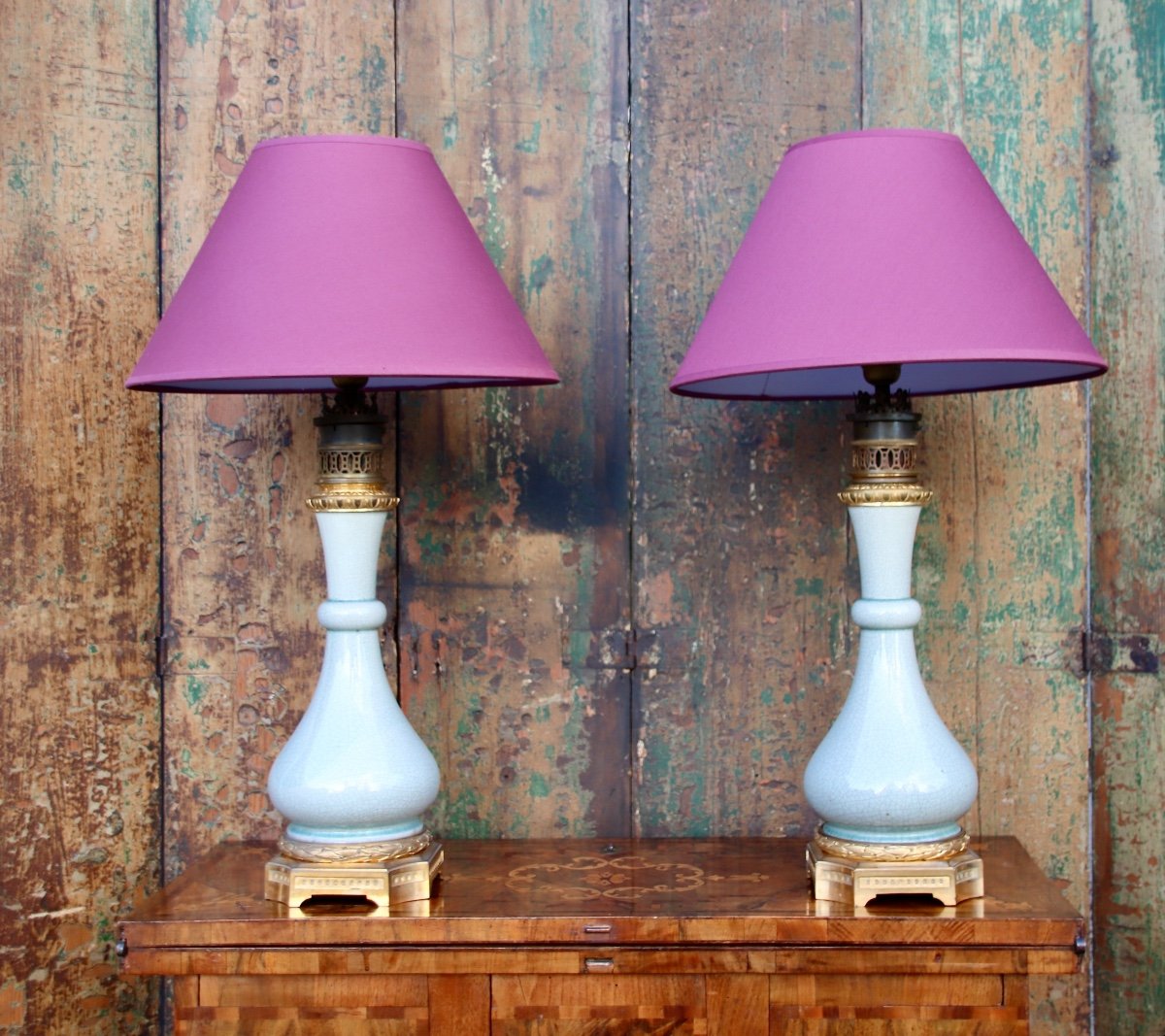 Pair Of Celadon Lamps With 19th Century Gilt Bronze Frames 