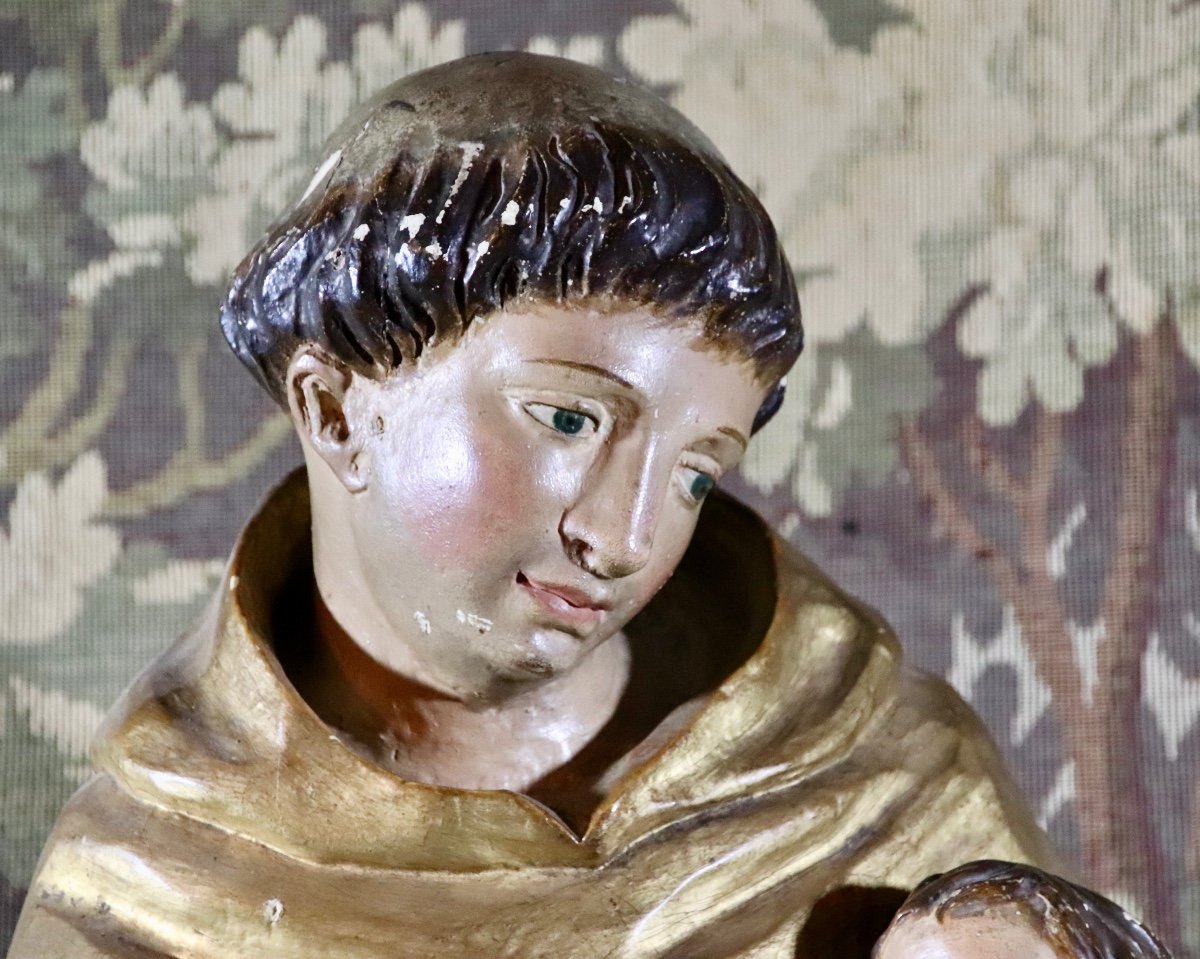 Grand Saint Antoine De Padoue  XVIII&egrave;me En Bois Polychrome Et Dor&eacute; -photo-1