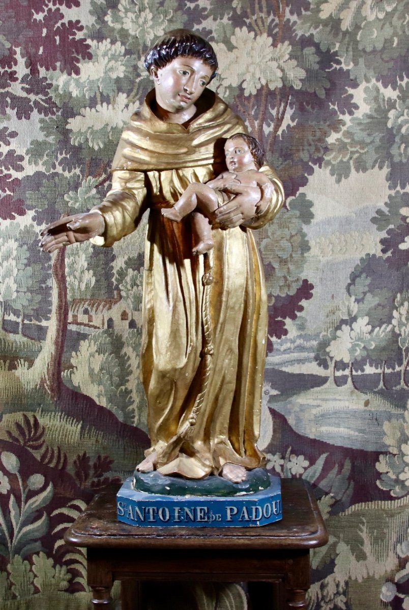 Grand Saint Antoine De Padoue  XVIII&egrave;me En Bois Polychrome Et Dor&eacute; -photo-2