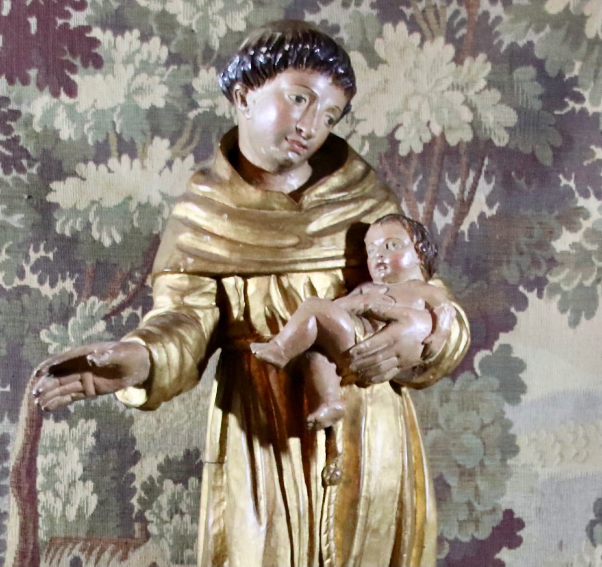 Grand Saint Antoine De Padoue  XVIII&egrave;me En Bois Polychrome Et Dor&eacute; -photo-3