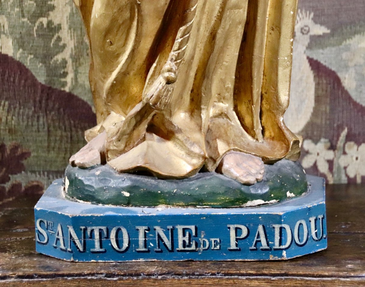 Grand Saint Antoine De Padoue  XVIII&egrave;me En Bois Polychrome Et Dor&eacute; -photo-5