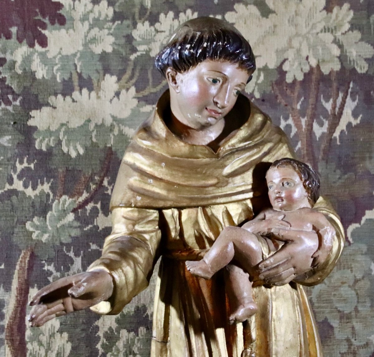 Grand Saint Antoine De Padoue  XVIII&egrave;me En Bois Polychrome Et Dor&eacute; -photo-6