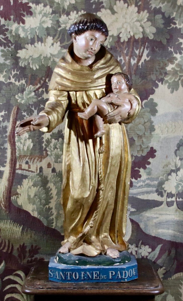 Grand Saint Antoine De Padoue  XVIII&egrave;me En Bois Polychrome Et Dor&eacute; 