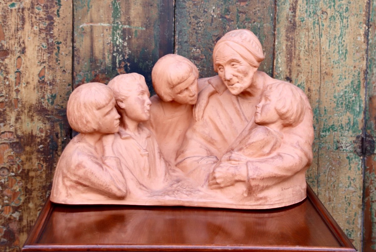 Terracotta Group By G. Hauchecorne The Breton Grandmother And Her Little Children -photo-4