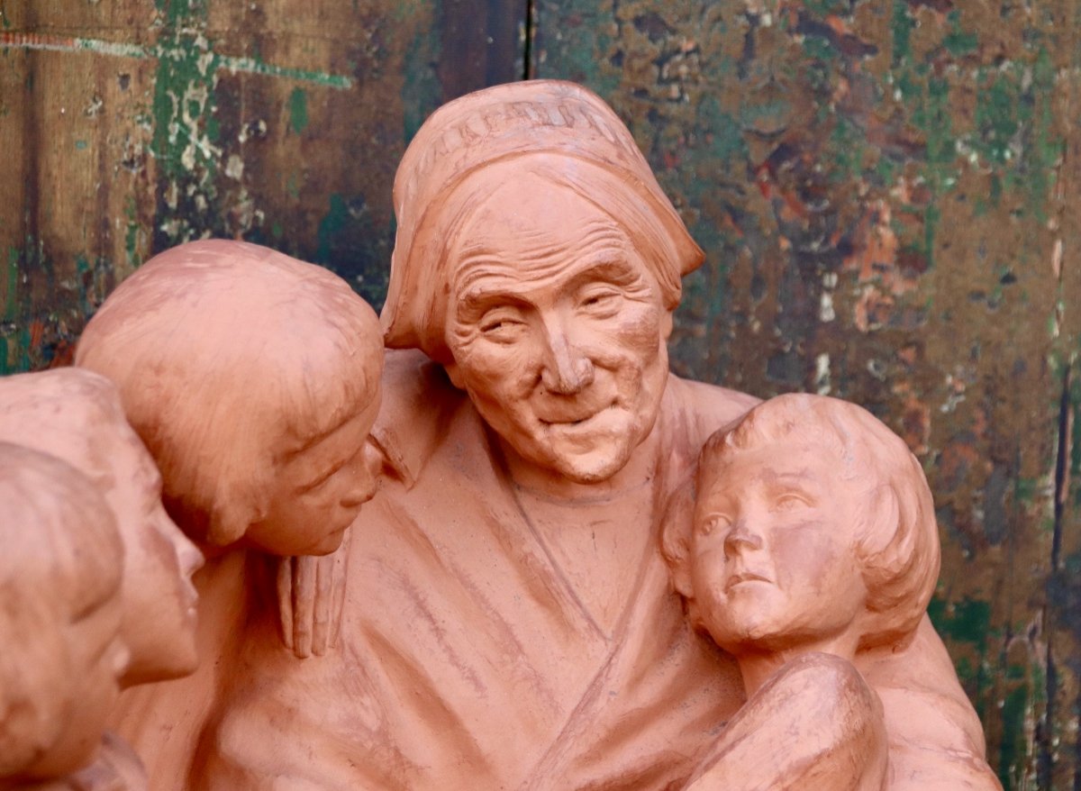 Groupe en terre cuite De G. Hauchecorne La Grand Mère Bretonne Et Ses Petrits Enfants -photo-7