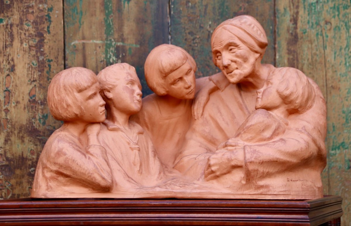 Terracotta Group By G. Hauchecorne The Breton Grandmother And Her Little Children 