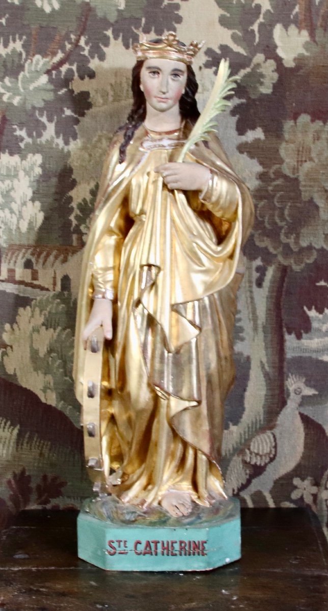 Large Sculpture Of Saint Catherine In Golden Wood, 18th Century -photo-5