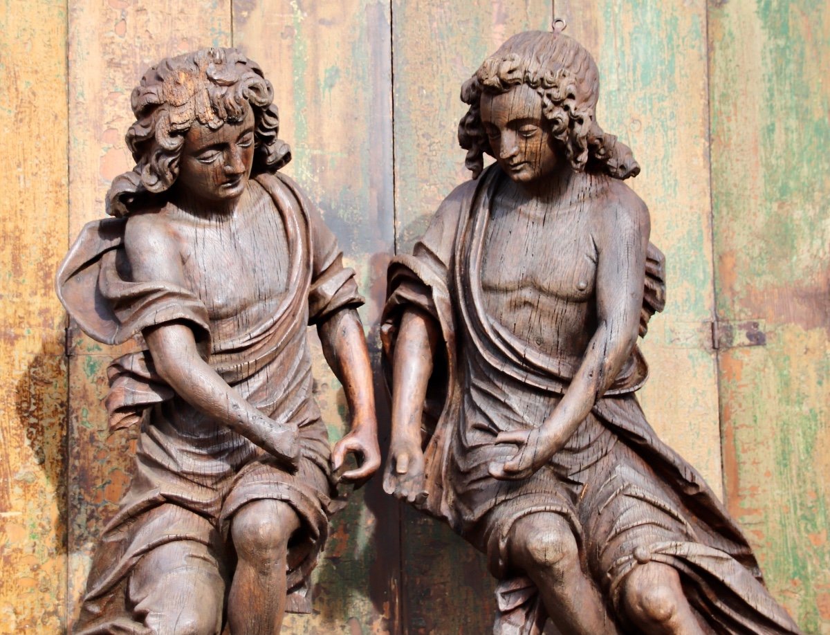 Grande Paire d'Anges En Bois Sculpté XVIIIème -photo-6
