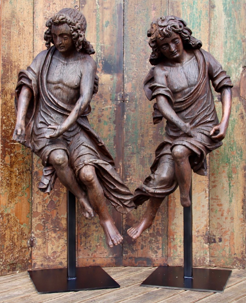 Grande Paire d'Anges En Bois Sculpté XVIIIème -photo-7