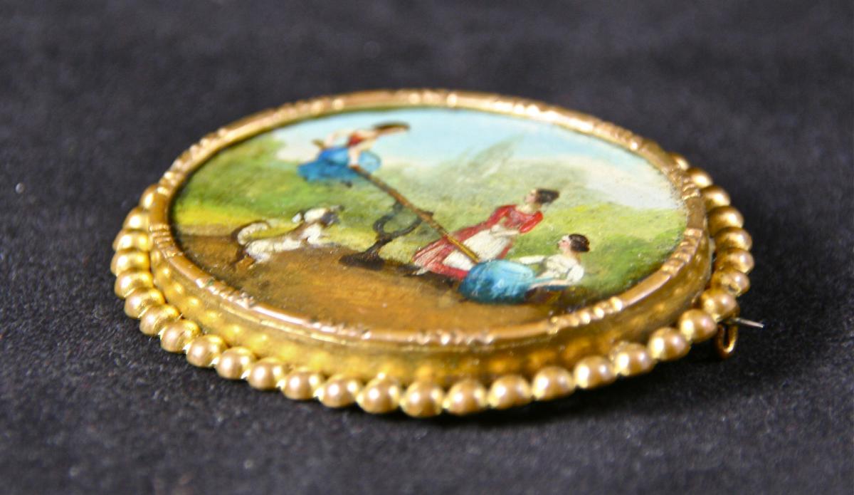 Broche XIXème En Tôle Peinte avec Une Miniature-photo-3
