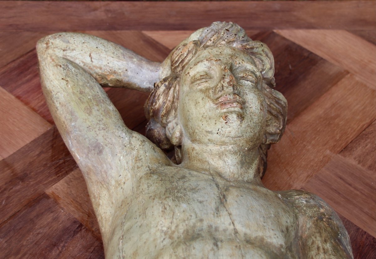 Sculpture d'Ange Allongé En Bois Polychrome d'époque XVIIIème -photo-7