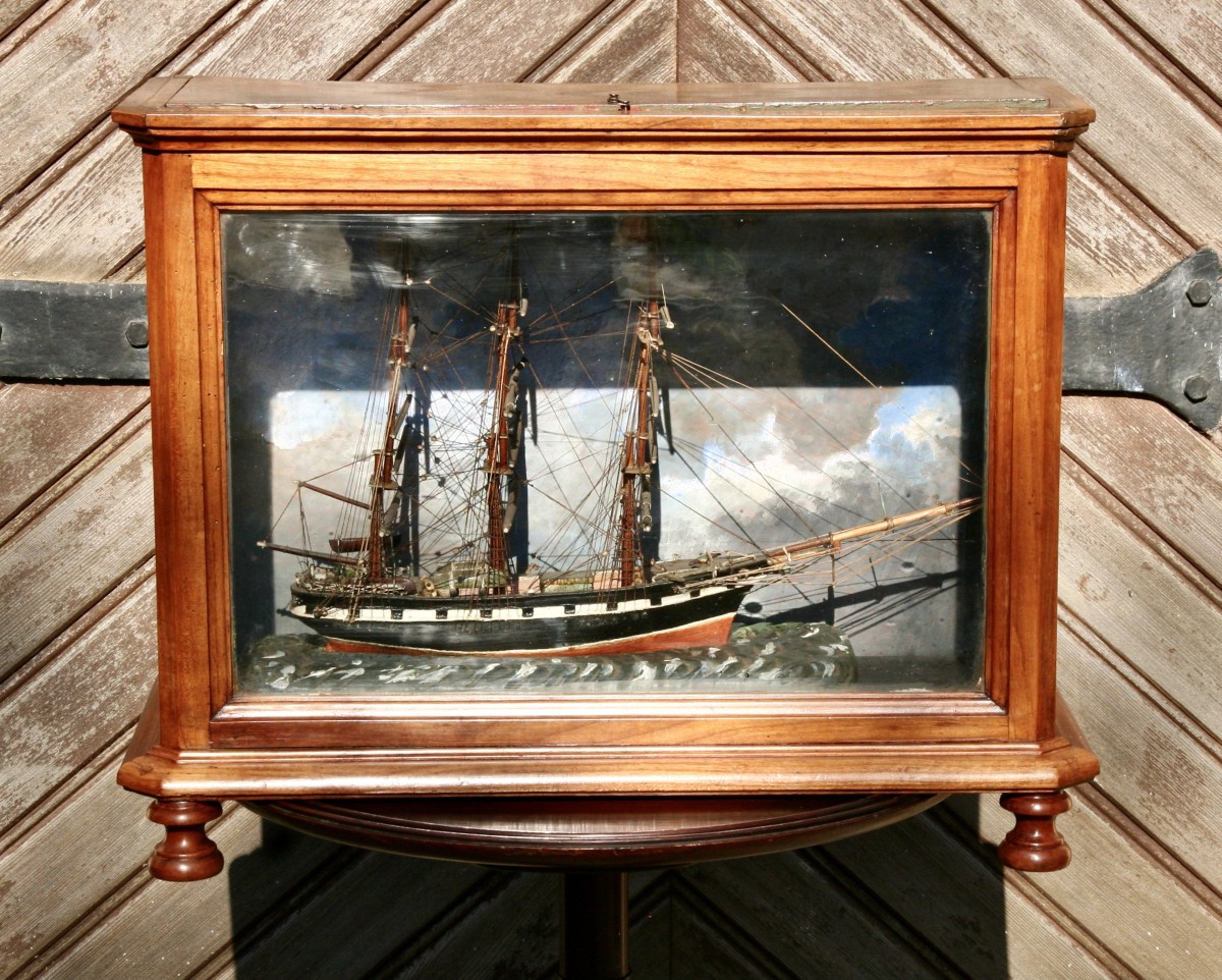 19th Century Ship Diorama In Its Display Case