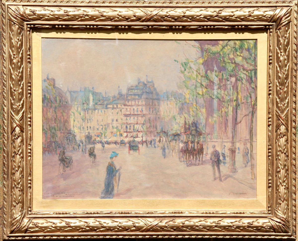 Gouache By Fernand Fortuné, "boulevard De La Madeleine Paris"-photo-1