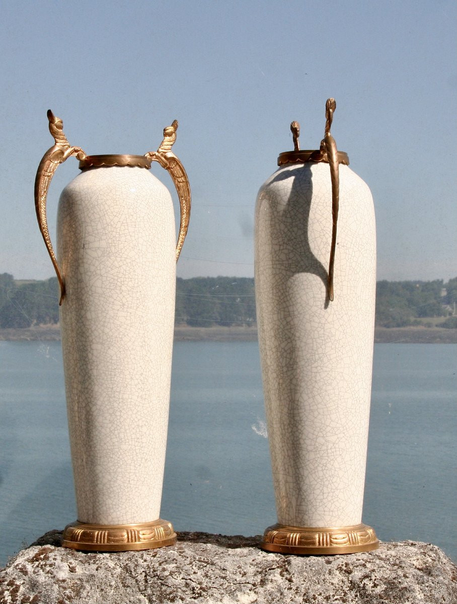grande paire de vases en céladon début XXème monture en bronze-photo-5