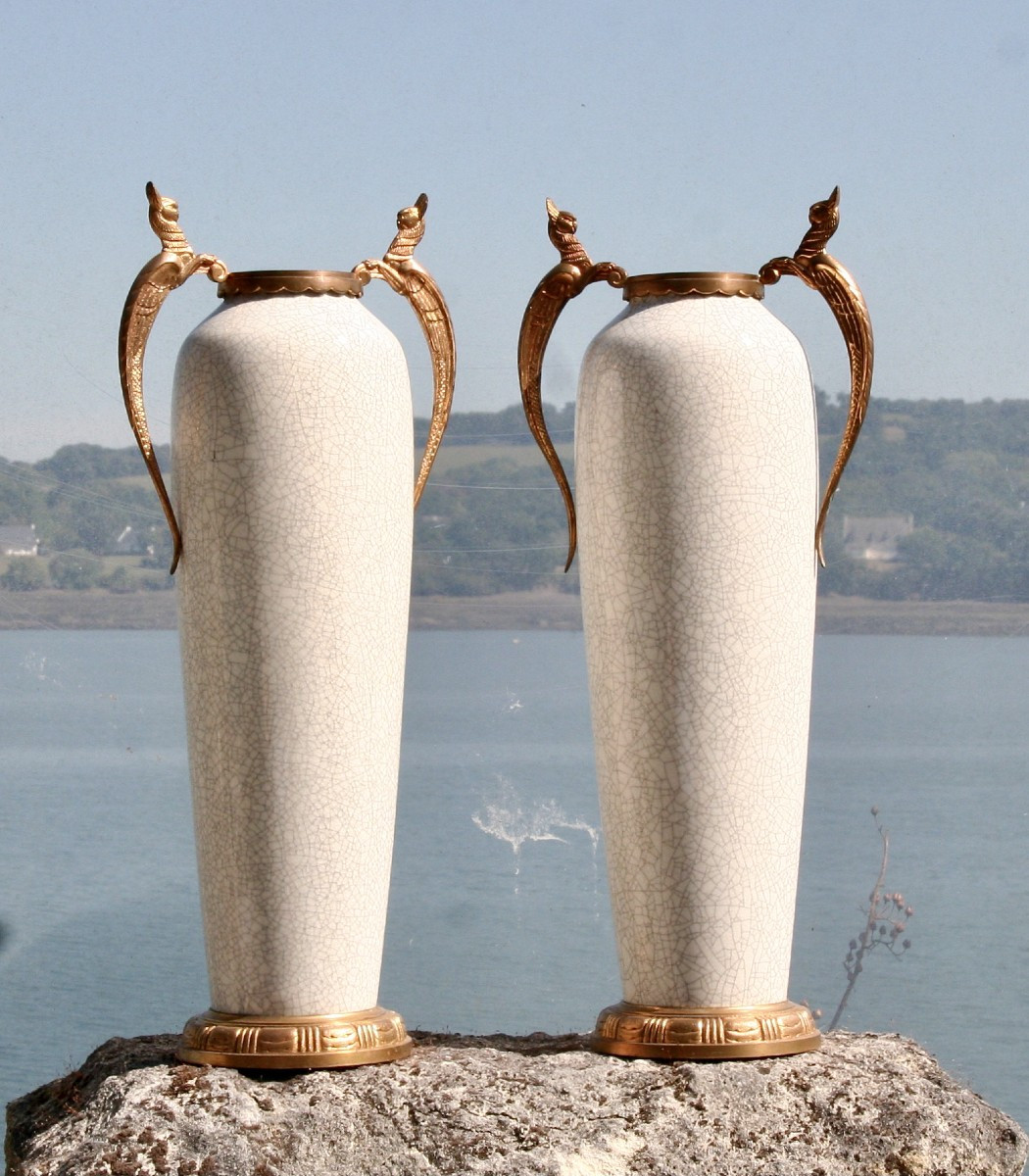 grande paire de vases en céladon début XXème monture en bronze