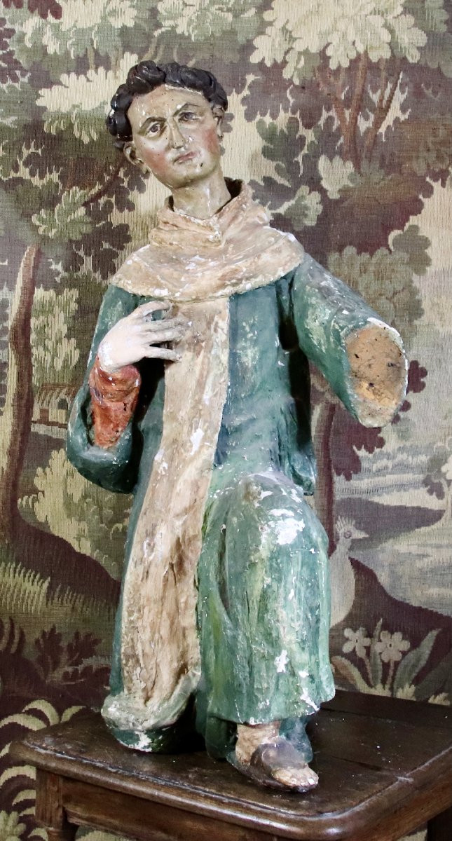 moine agenouillé XVIIIème en bois polychrome-photo-3