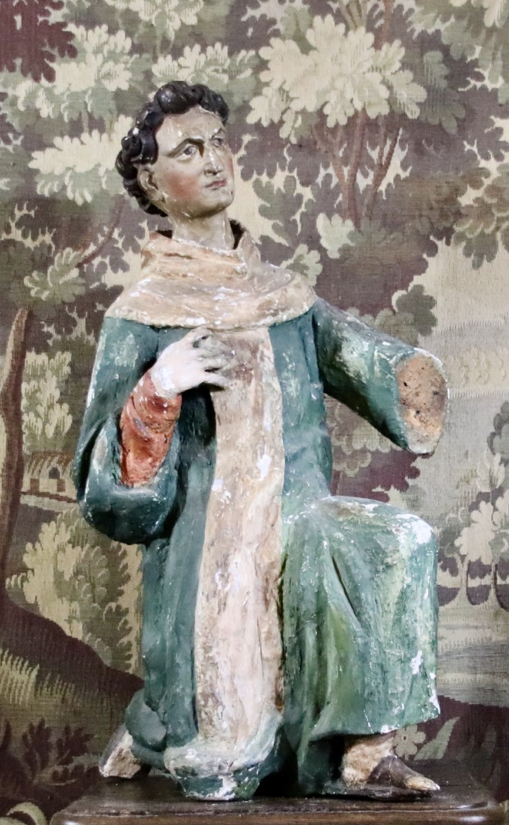 moine agenouillé XVIIIème en bois polychrome