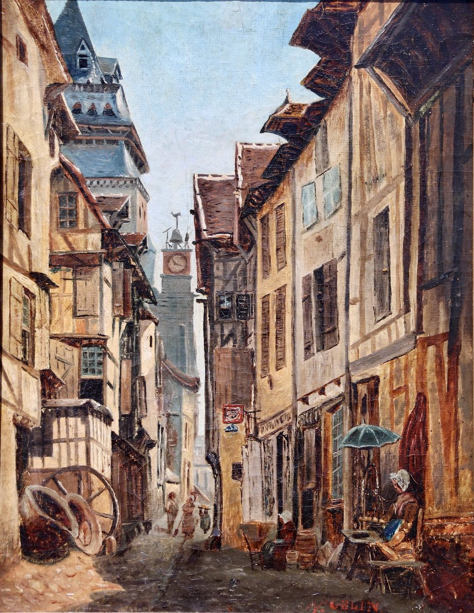 19th Century Painting "alley With Half-timbered Houses In Gelin" -photo-2