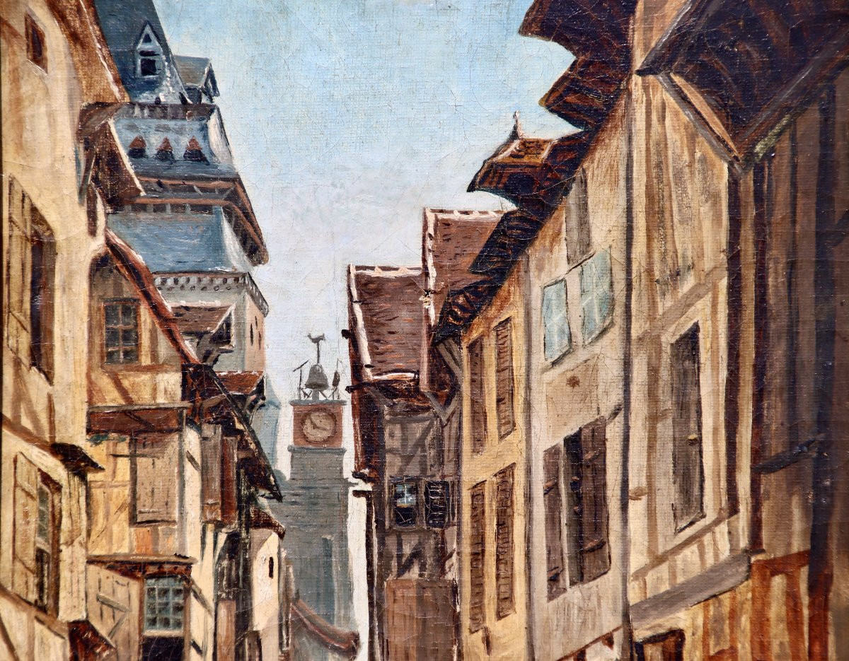19th Century Painting "alley With Half-timbered Houses In Gelin" -photo-3