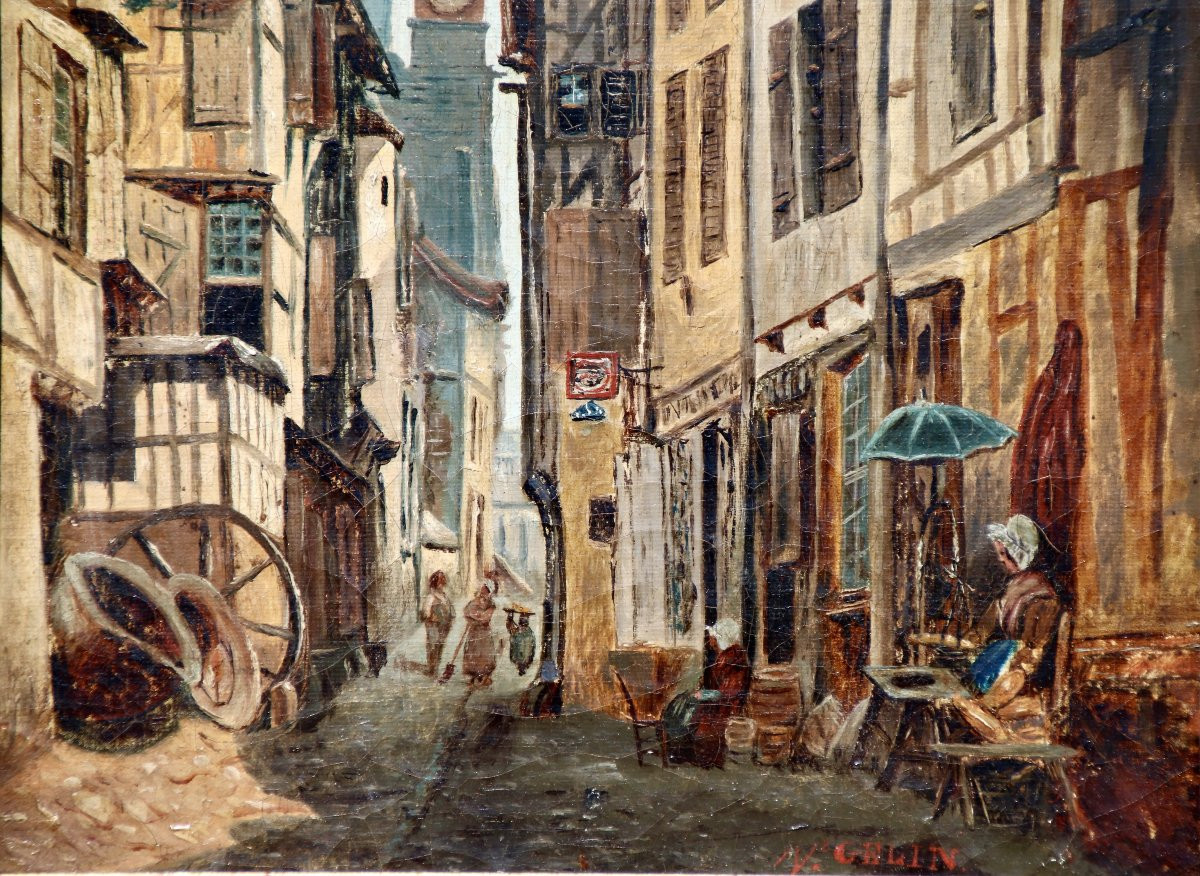 19th Century Painting "alley With Half-timbered Houses In Gelin" -photo-4