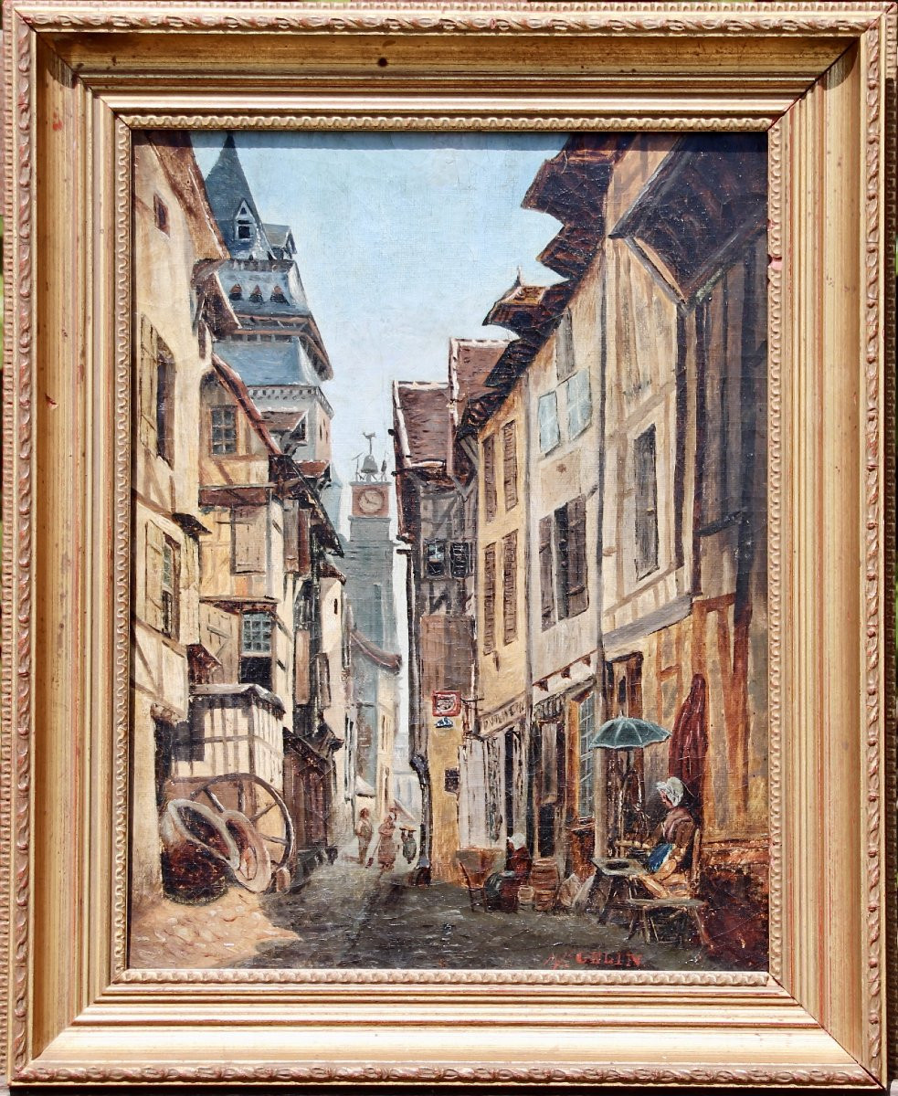 19th Century Painting "alley With Half-timbered Houses In Gelin" -photo-1