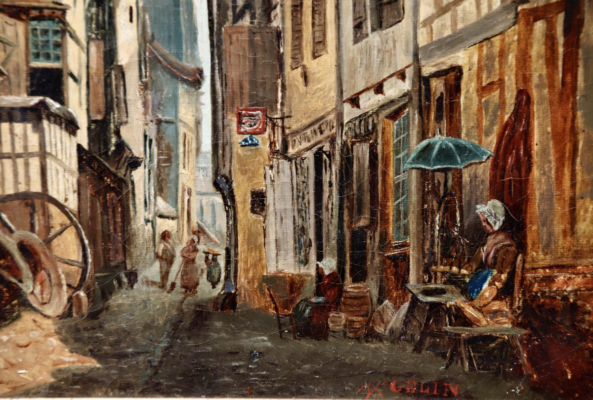 19th Century Painting "alley With Half-timbered Houses In Gelin" -photo-3