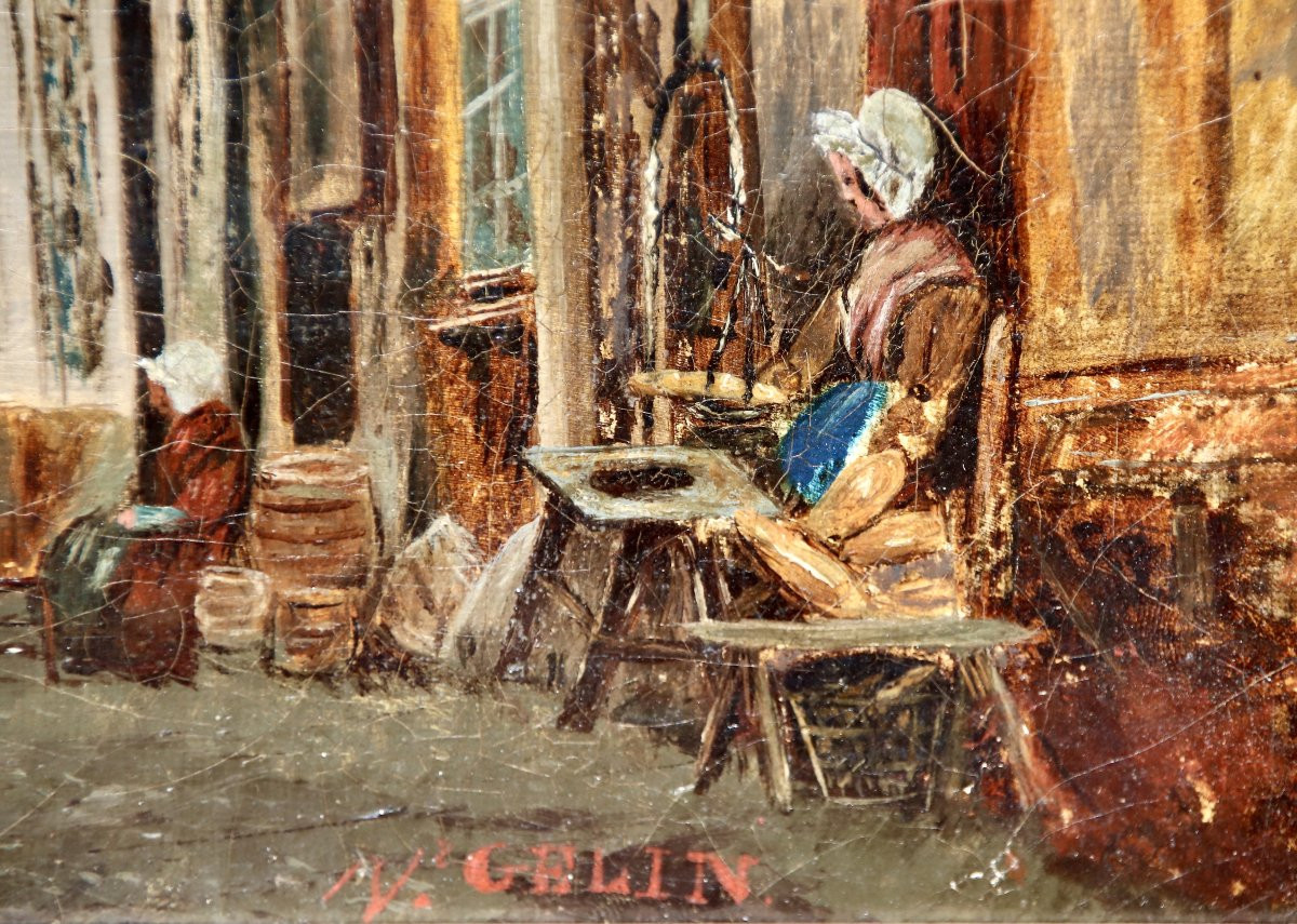 19th Century Painting "alley With Half-timbered Houses In Gelin" -photo-4