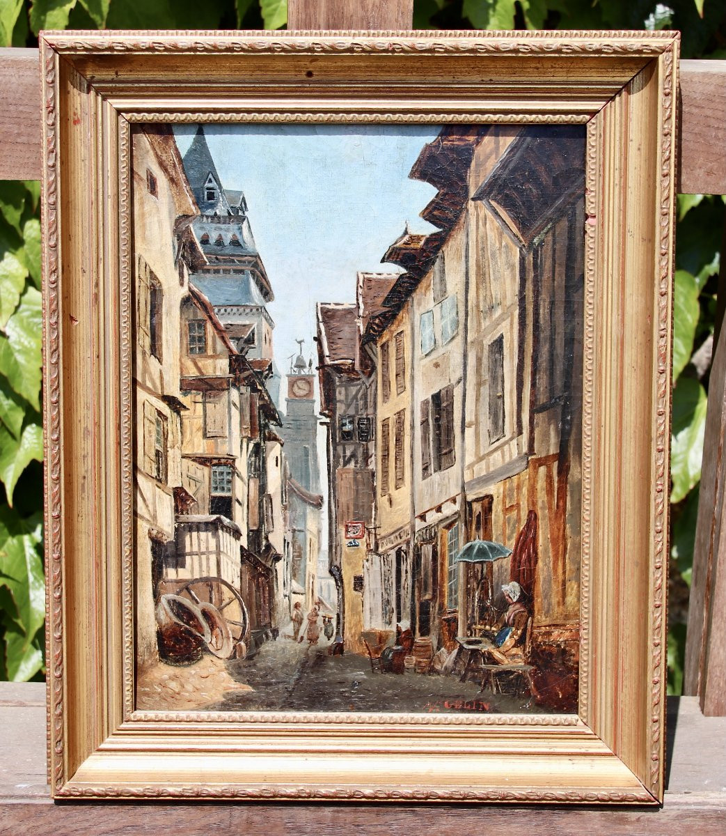 19th Century Painting "alley With Half-timbered Houses In Gelin" -photo-5