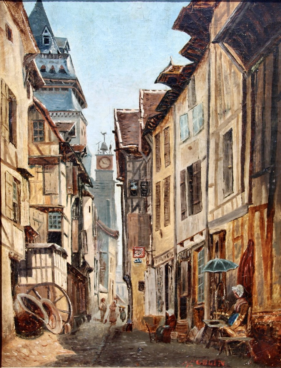 19th Century Painting "alley With Half-timbered Houses In Gelin" -photo-6