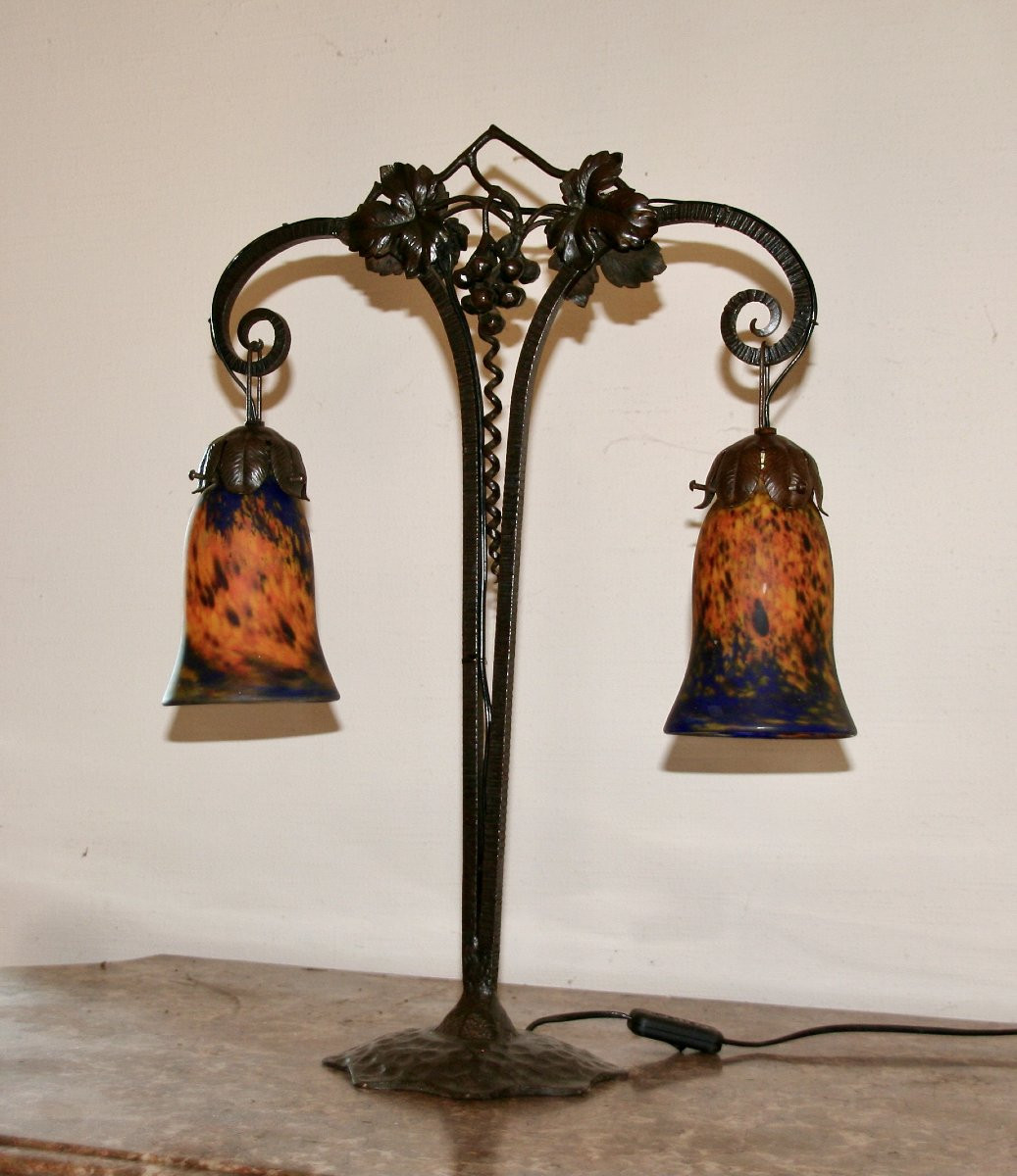 Lampe Art Nouveau à 2 lumières en fer forgé et pâte de verre -photo-2