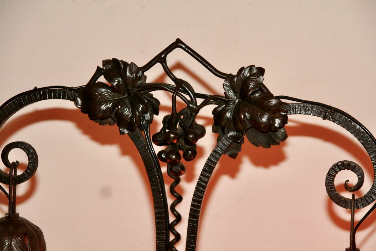 Lampe Art Nouveau à 2 lumières en fer forgé et pâte de verre -photo-3