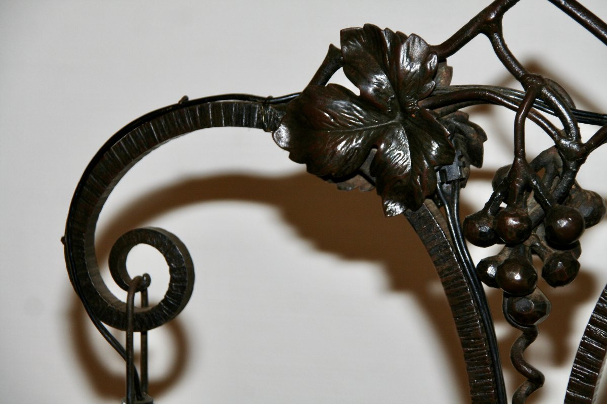 Lampe Art Nouveau à 2 lumières en fer forgé et pâte de verre -photo-7