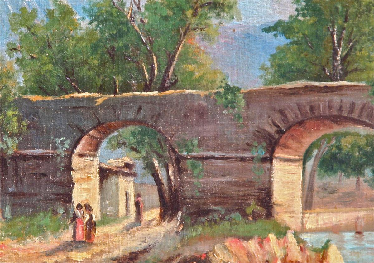 Oil On Canvas XIX "landscape For Women Under The Bridge" By E. Joly-photo-2