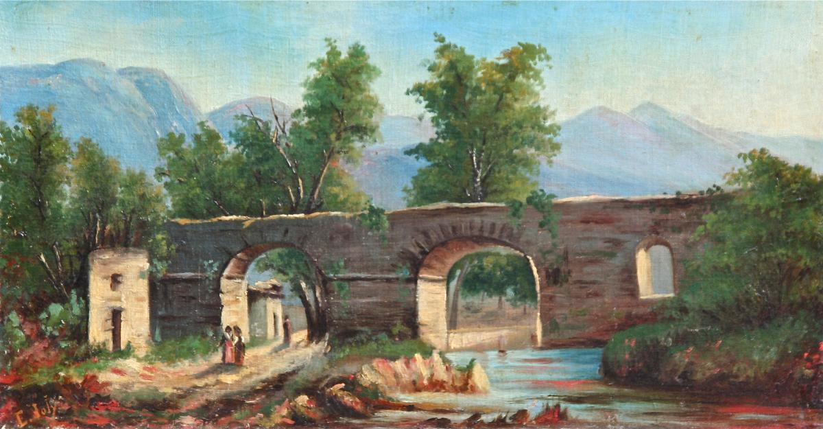 Oil On Canvas XIX "landscape For Women Under The Bridge" By E. Joly-photo-1
