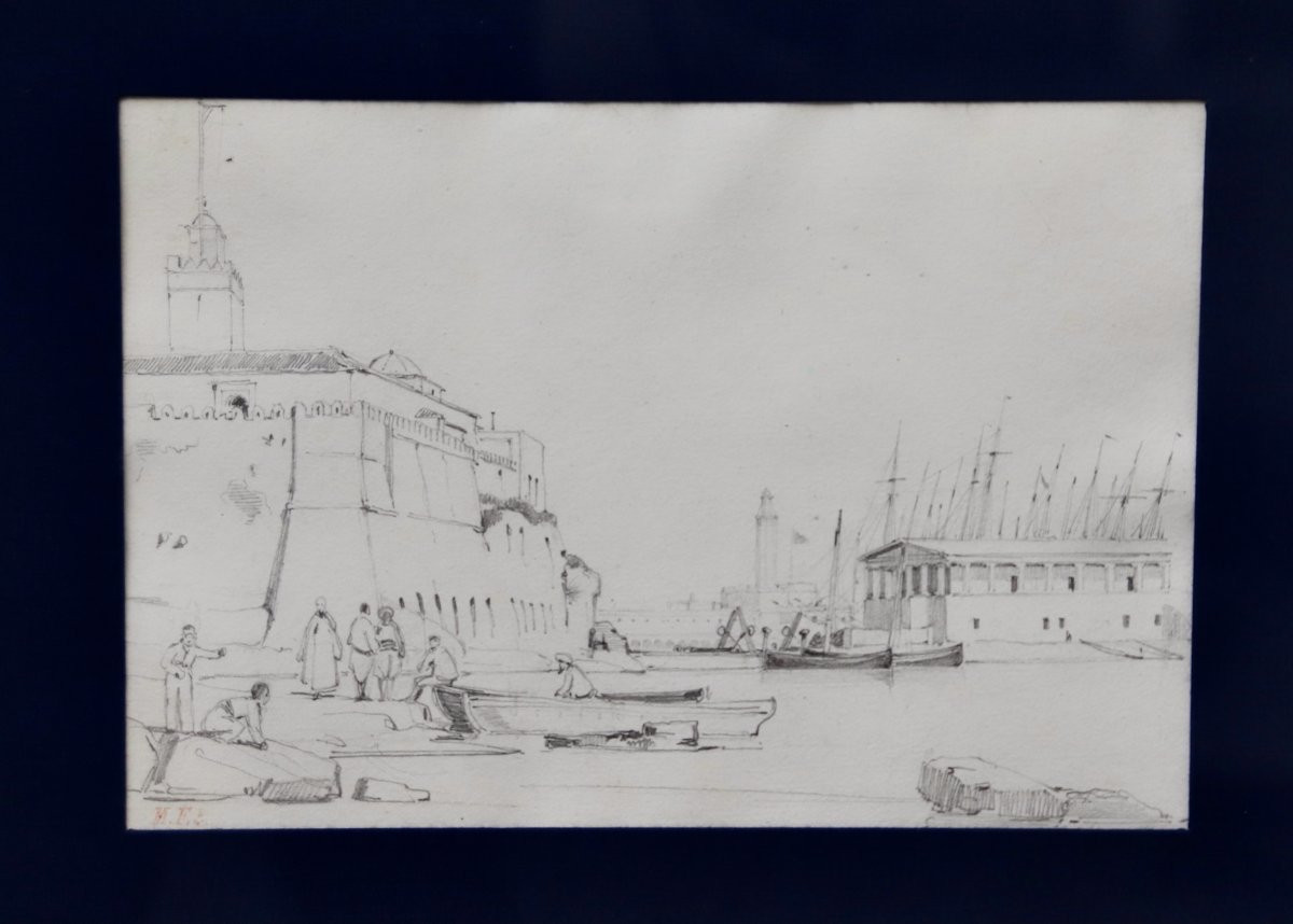 dessin XIXème du port d'Alexandrie par Léon Morel-Fatio peintre de marine-photo-2