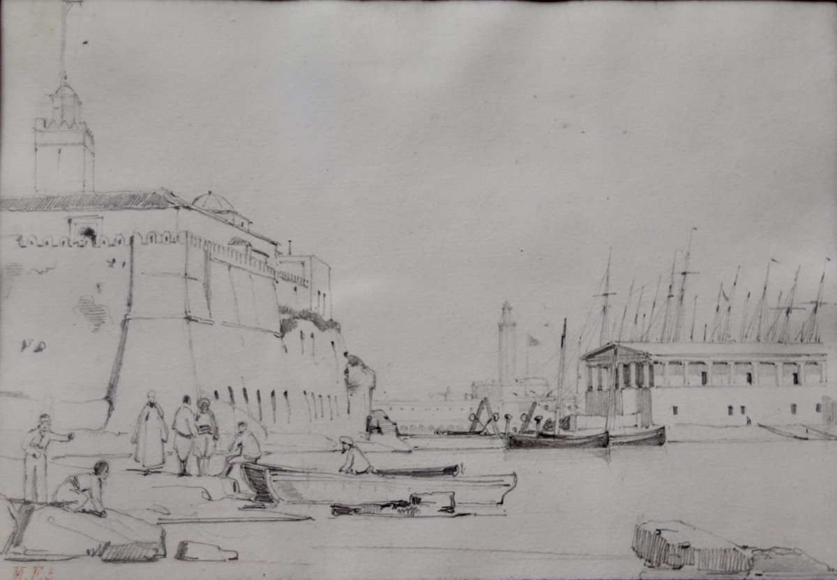 dessin XIXème du port d'Alexandrie par Léon Morel-Fatio peintre de marine-photo-4