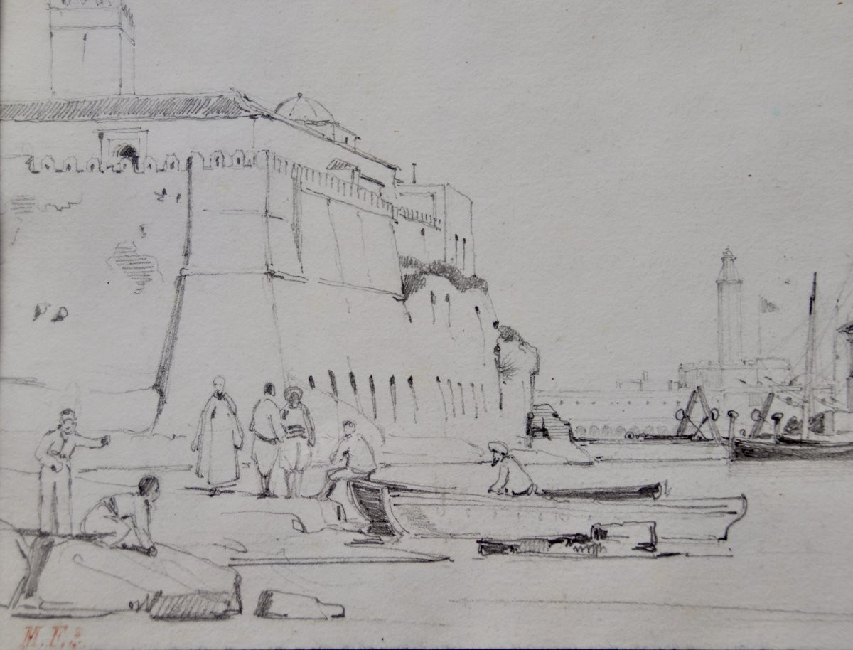 dessin XIXème du port d'Alexandrie par Léon Morel-Fatio peintre de marine-photo-2